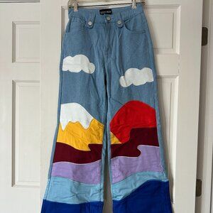 Mountain Scenic Western Embroidered Wide-Leg Jeans